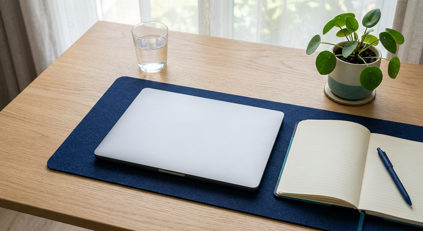 Tidy desk with a closed laptop, notebook and plant in a bright office